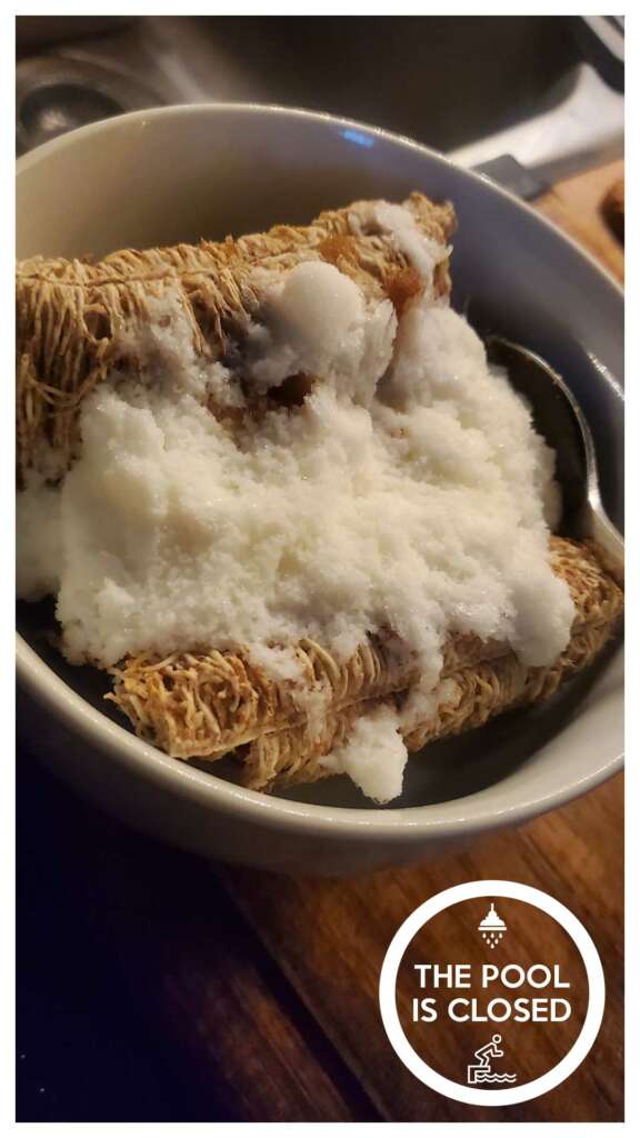 Ice milk crystals on shreddred wheat