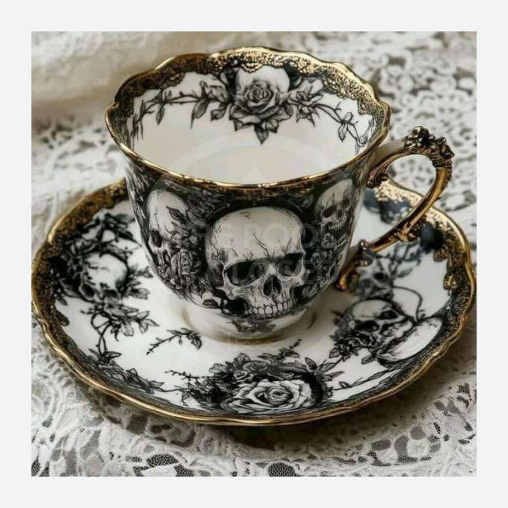 Exquisitely crafted dainty china tea cup and saucer tattooed black in a Victorian inspired assemblage of roses and skull cameos whilst the edges are gilded in gold.