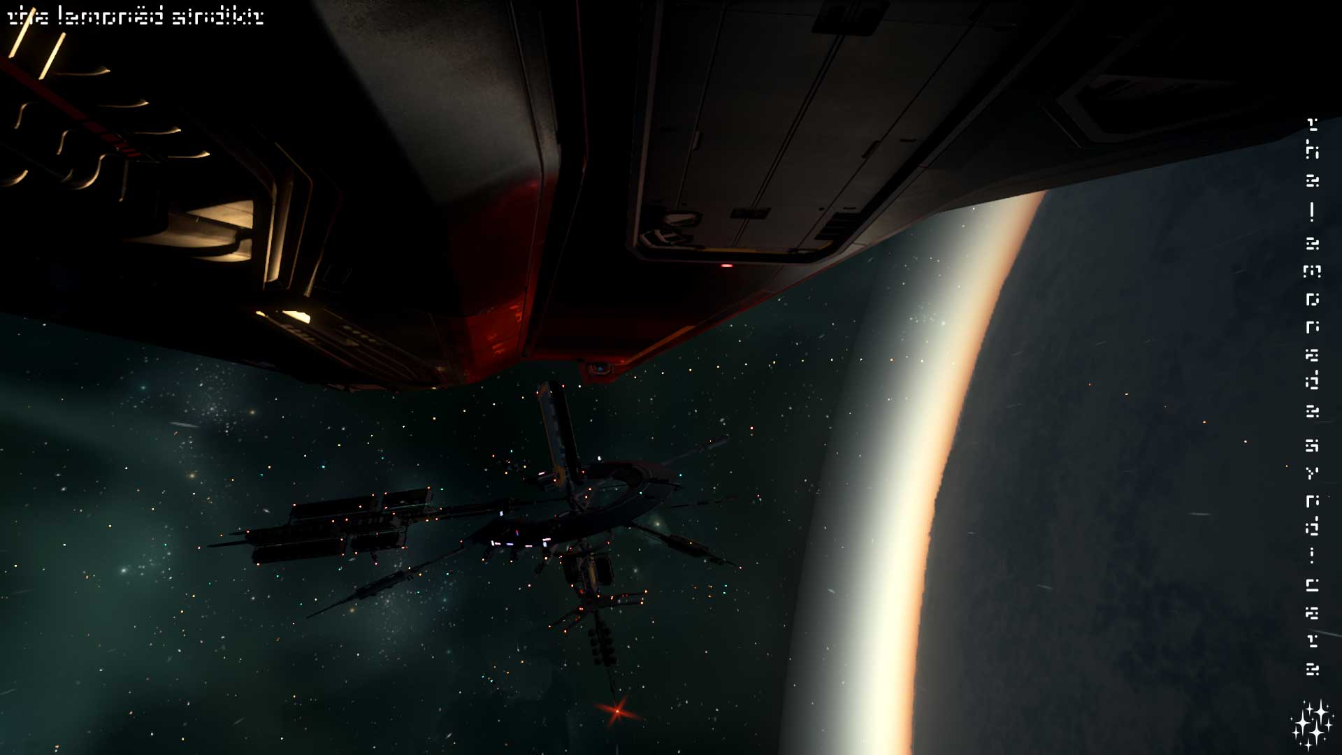 The fan tom du no R arriving at Baijini Point Station. The star Stanton peeks around the horizon of ArcCorp.